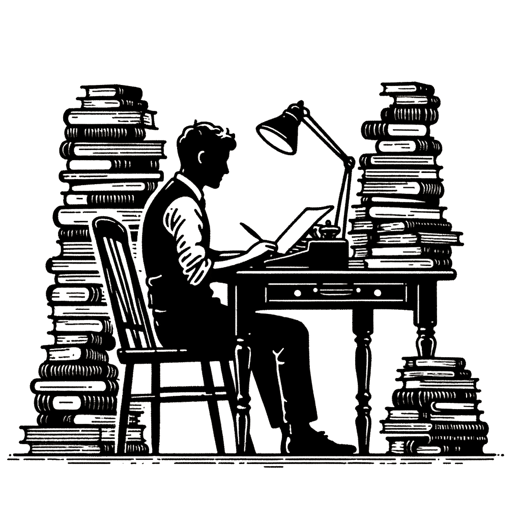 A minimal black line drawing of a person writing at a desk, surrounded by stacks of books, in a style similar to the old-fashioned illustration provid